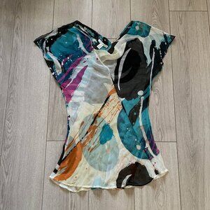 Trinity Blouse Top Women's Large Multicolor Cap Sleeves V-Neck Pullover